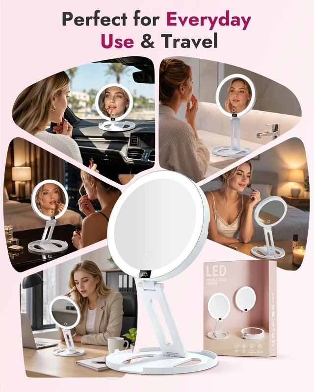 Alt view image 7 of 7 - 20X Lighted Travel Makeup Mirror-3 Light Modes Magnifying Mirror (White) | Rechargeable Double Sided LED Vanity Mirror, Foldable Magnifying Mirror with Light,Compact Mirror for Cruise, Hotel, Dorm