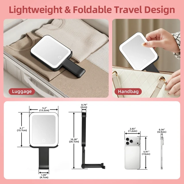Alt view image 2 of 7 - Travel Mirror with Lights, Rechargeable Magnifying Mirror 10X/1X, Black | Double-Sided, 1500mAh, 3 Color Lighting, Touch Dimming, Precision Tweezers, Lighted Makeup Mirror for Trip Office,10.3"x 5.2"