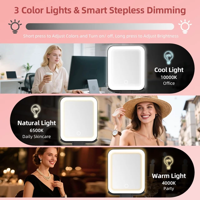 Alt view image 3 of 7 - Travel Mirror with Lights, Rechargeable Magnifying Mirror 10X/1X, Black | Double-Sided, 1500mAh, 3 Color Lighting, Touch Dimming, Precision Tweezers, Lighted Makeup Mirror for Trip Office,10.3"x 5.2"
