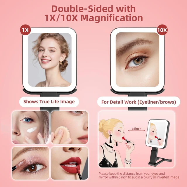Alt view image 4 of 7 - Travel Mirror with Lights, Rechargeable Magnifying Mirror 10X/1X, Black | Double-Sided, 1500mAh, 3 Color Lighting, Touch Dimming, Precision Tweezers, Lighted Makeup Mirror for Trip Office,10.3"x 5.2"