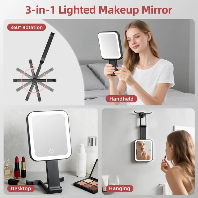 Alt view image 5 of 7 - Travel Mirror with Lights, Rechargeable Magnifying Mirror 10X/1X, Black | Double-Sided, 1500mAh, 3 Color Lighting, Touch Dimming, Precision Tweezers, Lighted Makeup Mirror for Trip Office,10.3"x 5.2"