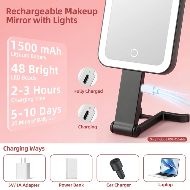 Alt view image 6 of 7 - Travel Mirror with Lights, Rechargeable Magnifying Mirror 10X/1X, Black | Double-Sided, 1500mAh, 3 Color Lighting, Touch Dimming, Precision Tweezers, Lighted Makeup Mirror for Trip Office,10.3"x 5.2"