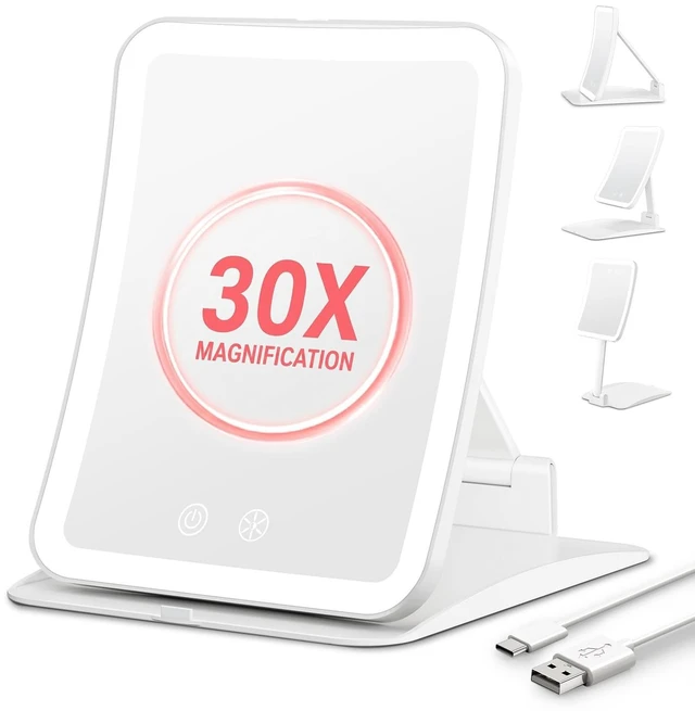 Main image of 30X Magnifying Travel Makeup Mirror, 2000mAh Rechargeable Mirror | 3 Light Colors With 64 Leds, Touch Dimming, Compact Portable Foldable, Adjustable Height & Angle, 30X Magnification, White