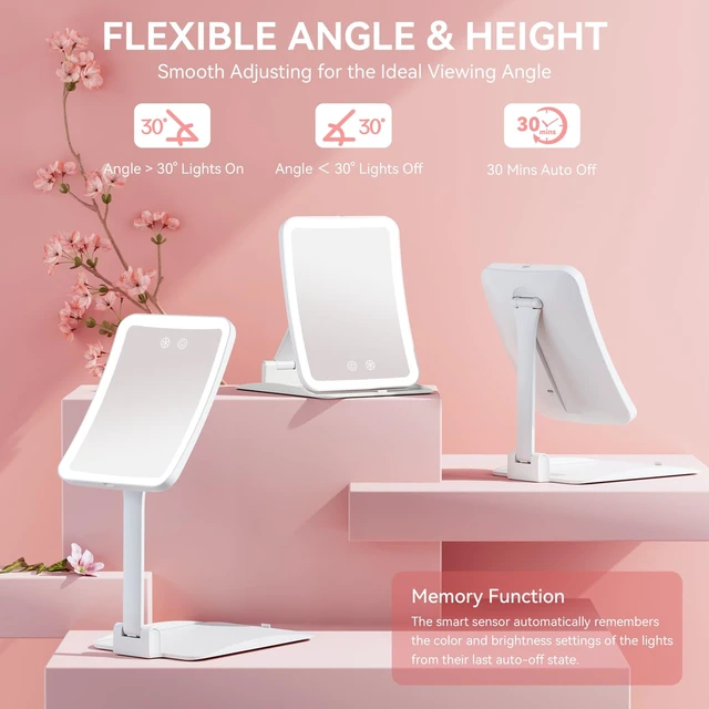 Alt view image 4 of 7 - 30X Magnifying Travel Makeup Mirror, 2000mAh Rechargeable Mirror | 3 Light Colors With 64 Leds, Touch Dimming, Compact Portable Foldable, Adjustable Height & Angle, 30X Magnification, White