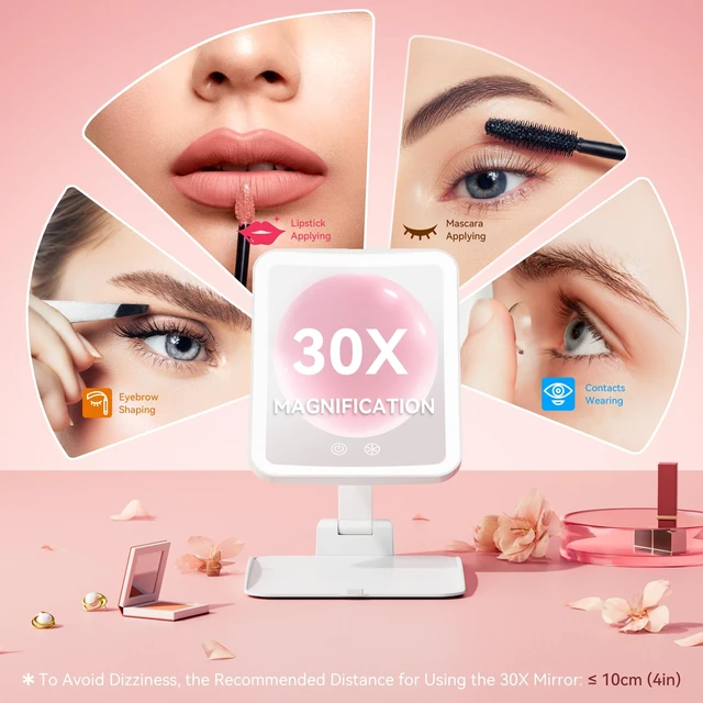 Alt view image 2 of 7 - 30X Magnifying Travel Makeup Mirror, 2000mAh Rechargeable Mirror | 3 Light Colors With 64 Leds, Touch Dimming, Compact Portable Foldable, Adjustable Height & Angle, 30X Magnification, White