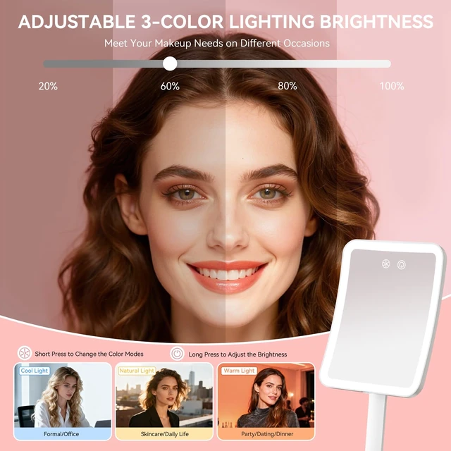 Alt view image 6 of 7 - 30X Magnifying Travel Makeup Mirror, 2000mAh Rechargeable Mirror | 3 Light Colors With 64 Leds, Touch Dimming, Compact Portable Foldable, Adjustable Height & Angle, 30X Magnification, White