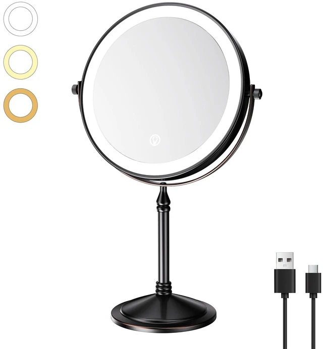 Main image of Rechargeable Makeup Mirror with Lights 10X 8In, Oil Rubbed Bronze | 10X Magnification 3 Color LED Lights, Cordless Desk Mirror with Lights Lighted Makeup Mirror Magnifying Tabletop 360 Rotation