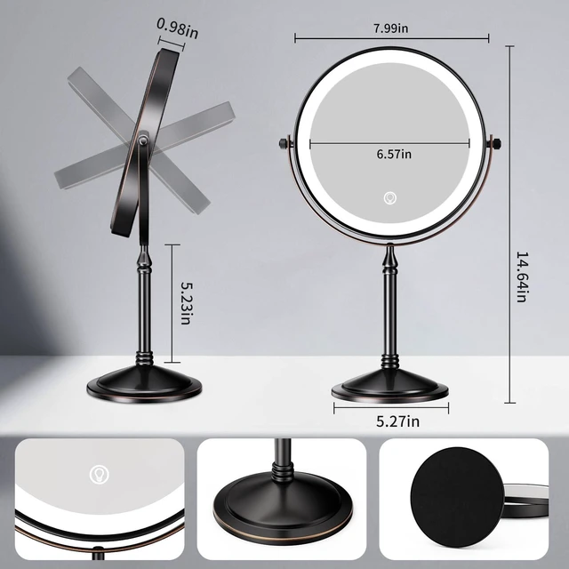 Alt view image 3 of 7 - Rechargeable Makeup Mirror with Lights 10X 8In, Oil Rubbed Bronze | 10X Magnification 3 Color LED Lights, Cordless Desk Mirror with Lights Lighted Makeup Mirror Magnifying Tabletop 360 Rotation