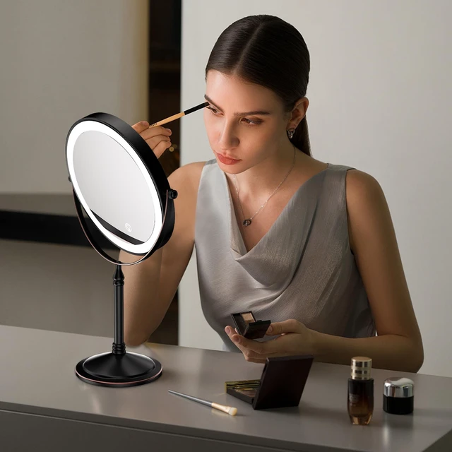 Alt view image 2 of 7 - Rechargeable Makeup Mirror with Lights 10X 8In, Oil Rubbed Bronze | 10X Magnification 3 Color LED Lights, Cordless Desk Mirror with Lights Lighted Makeup Mirror Magnifying Tabletop 360 Rotation