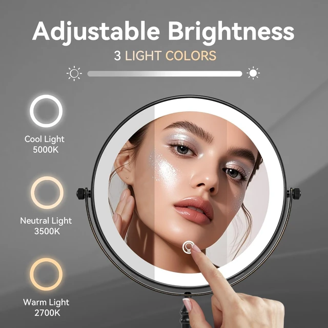 Alt view image 4 of 7 - Rechargeable Makeup Mirror with Lights 10X 8In, Oil Rubbed Bronze | 10X Magnification 3 Color LED Lights, Cordless Desk Mirror with Lights Lighted Makeup Mirror Magnifying Tabletop 360 Rotation