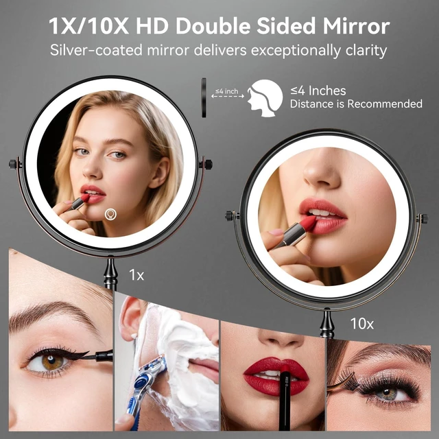 Alt view image 5 of 7 - Rechargeable Makeup Mirror with Lights 10X 8In, Oil Rubbed Bronze | 10X Magnification 3 Color LED Lights, Cordless Desk Mirror with Lights Lighted Makeup Mirror Magnifying Tabletop 360 Rotation