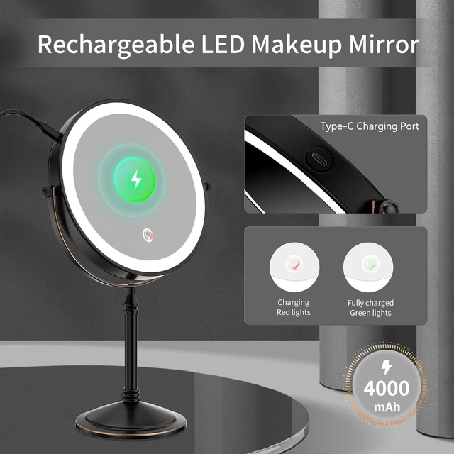 Alt view image 6 of 7 - Rechargeable Makeup Mirror with Lights 10X 8In, Oil Rubbed Bronze | 10X Magnification 3 Color LED Lights, Cordless Desk Mirror with Lights Lighted Makeup Mirror Magnifying Tabletop 360 Rotation
