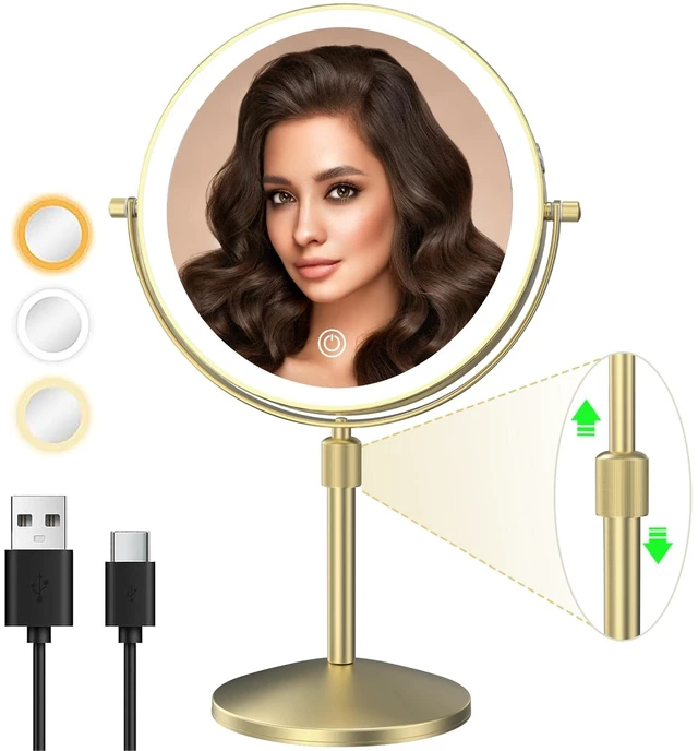 Main image of 8" Lighted Makeup Mirror with Lights, 1X/10X, Gold | Magnification, Double Sided Dimmable, Rechargeable, 3 Color Lighting, Brightness & Height Adjustable, Cordless Vanity Mirror