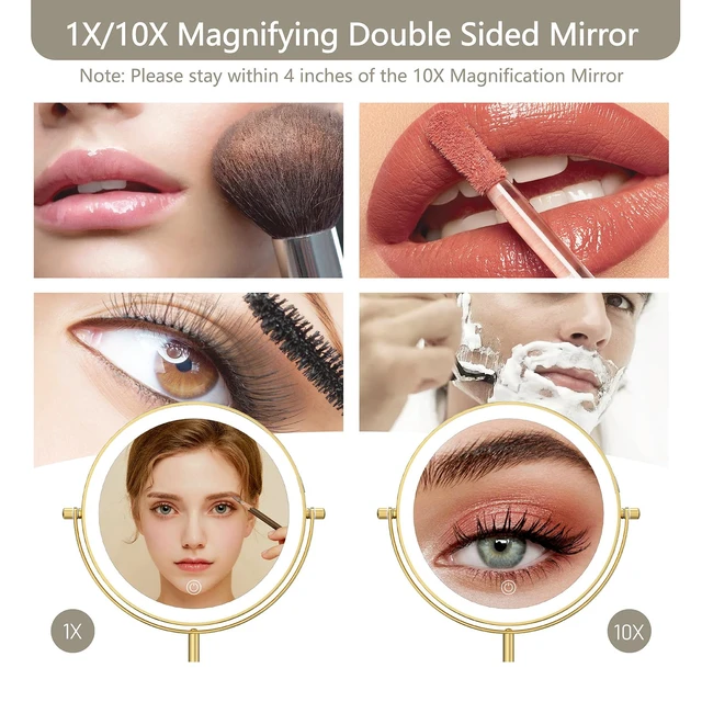 Alt view image 3 of 6 - 8" Lighted Makeup Mirror with Lights, 1X/10X, Gold | Magnification, Double Sided Dimmable, Rechargeable, 3 Color Lighting, Brightness & Height Adjustable, Cordless Vanity Mirror
