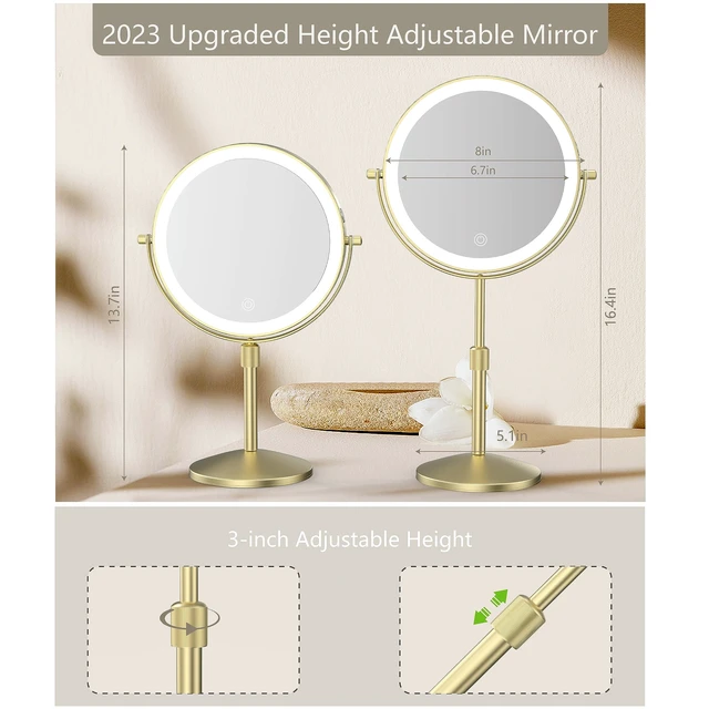 Alt view image 2 of 6 - 8" Lighted Makeup Mirror with Lights, 1X/10X, Gold | Magnification, Double Sided Dimmable, Rechargeable, 3 Color Lighting, Brightness & Height Adjustable, Cordless Vanity Mirror