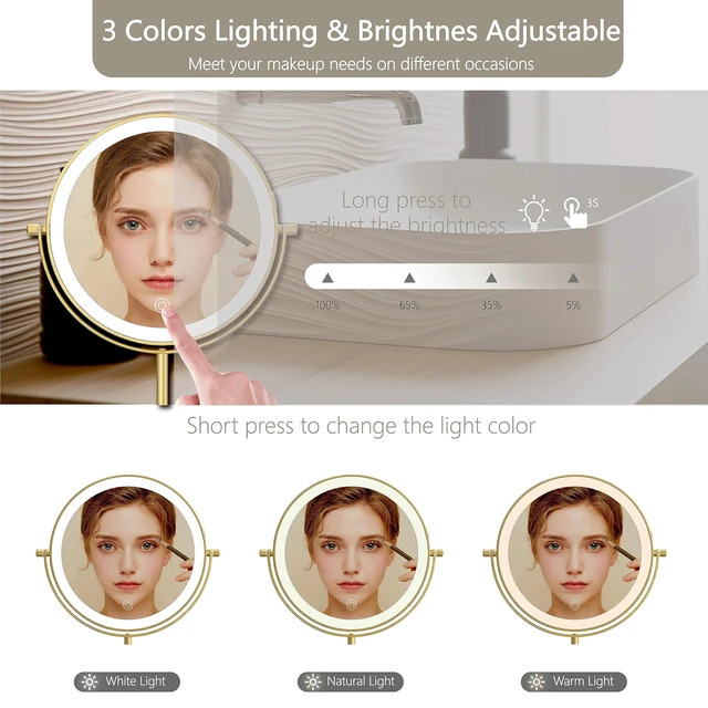 Alt view image 4 of 6 - 8" Lighted Makeup Mirror with Lights, 1X/10X, Gold | Magnification, Double Sided Dimmable, Rechargeable, 3 Color Lighting, Brightness & Height Adjustable, Cordless Vanity Mirror