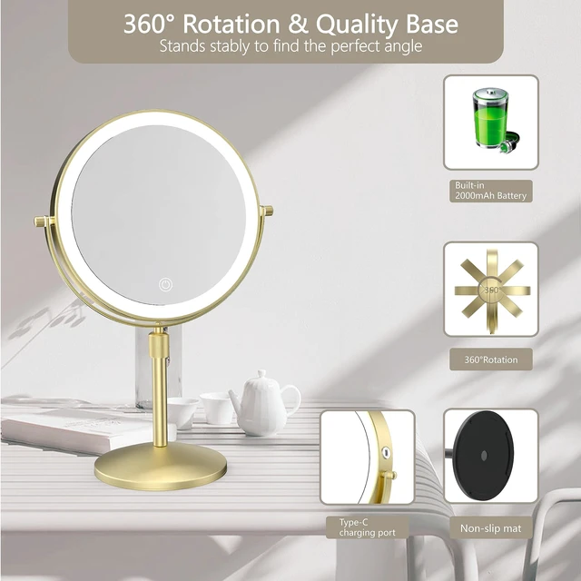 Alt view image 5 of 6 - 8" Lighted Makeup Mirror with Lights, 1X/10X, Gold | Magnification, Double Sided Dimmable, Rechargeable, 3 Color Lighting, Brightness & Height Adjustable, Cordless Vanity Mirror