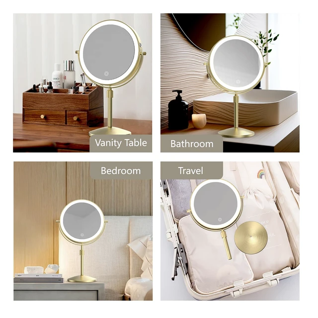 Alt view image 6 of 6 - 8" Lighted Makeup Mirror with Lights, 1X/10X, Gold | Magnification, Double Sided Dimmable, Rechargeable, 3 Color Lighting, Brightness & Height Adjustable, Cordless Vanity Mirror