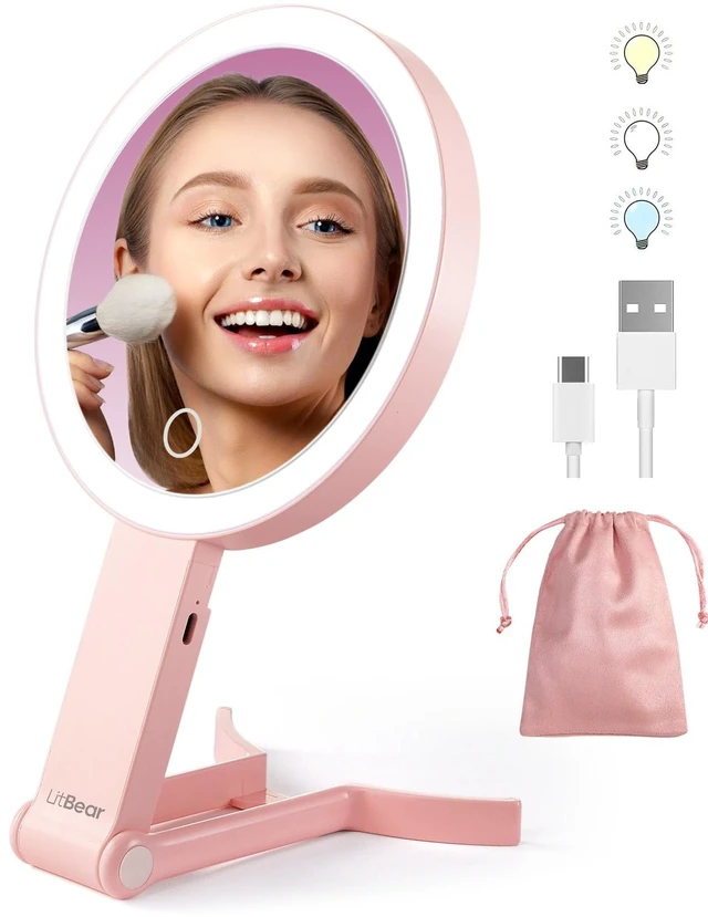Main image of Travel Makeup Mirror with Lights, Rechargeable Double-Sided 10X/1X Magnifying Mirror, Portable Lighted Beauty Mirror, 3 Color Lighting, Dimmable Touch Screen, Tabletop Handhold Hanging (Pink)