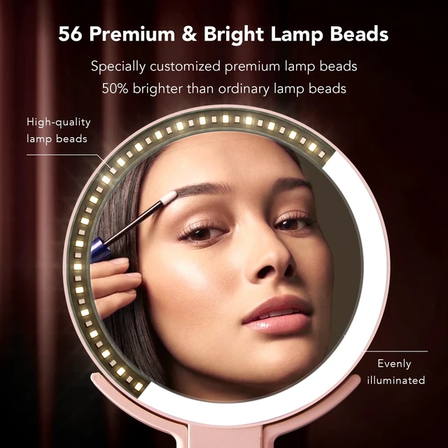 Alt view image 2 of 7 - Travel Makeup Mirror with Lights, Rechargeable Double-Sided 10X/1X Magnifying Mirror, Portable Lighted Beauty Mirror, 3 Color Lighting, Dimmable Touch Screen, Tabletop Handhold Hanging (Pink)
