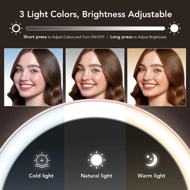 Alt view image 4 of 7 - Travel Makeup Mirror with Lights, Rechargeable Double-Sided 10X/1X Magnifying Mirror, Portable Lighted Beauty Mirror, 3 Color Lighting, Dimmable Touch Screen, Tabletop Handhold Hanging (Pink)
