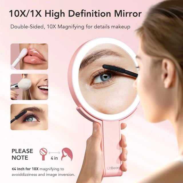 Alt view image 3 of 7 - Travel Makeup Mirror with Lights, Rechargeable Double-Sided 10X/1X Magnifying Mirror, Portable Lighted Beauty Mirror, 3 Color Lighting, Dimmable Touch Screen, Tabletop Handhold Hanging (Pink)