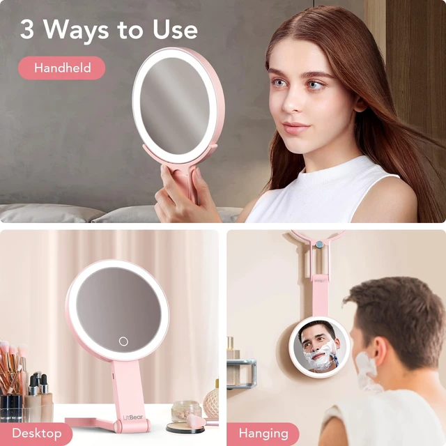 Alt view image 6 of 7 - Travel Makeup Mirror with Lights, Rechargeable Double-Sided 10X/1X Magnifying Mirror, Portable Lighted Beauty Mirror, 3 Color Lighting, Dimmable Touch Screen, Tabletop Handhold Hanging (Pink)
