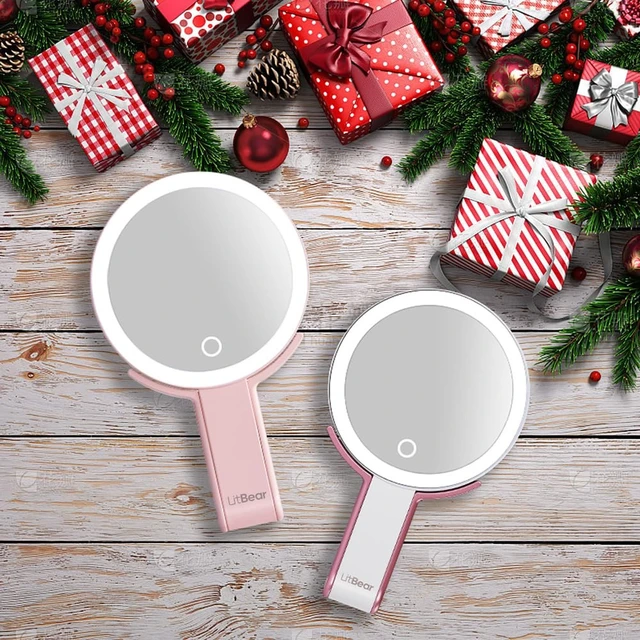 Alt view image 7 of 7 - Travel Makeup Mirror with Lights, Rechargeable Double-Sided 10X/1X Magnifying Mirror, Portable Lighted Beauty Mirror, 3 Color Lighting, Dimmable Touch Screen, Tabletop Handhold Hanging (Pink)