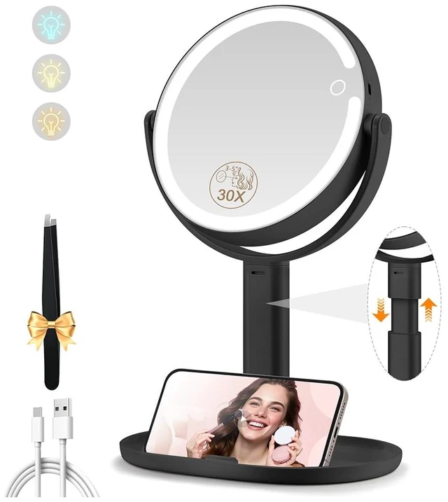 Main image of Makeup Mirror with Lights, 30X Magnifying Mirrors, Height Adjustable, Vanity Mirror with Lights Rechargeable 3 Color Modes, Double-Sided Detachable Travel Mirrors, Gift for Women, Black/30X