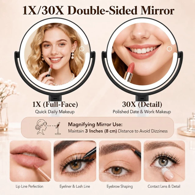 Alt view image 3 of 7 - Makeup Mirror with Lights, 30X Magnifying Mirrors, Height Adjustable, Vanity Mirror with Lights Rechargeable 3 Color Modes, Double-Sided Detachable Travel Mirrors, Gift for Women, Black/30X