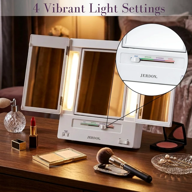 Alt view image 2 of 7 - Lighted Makeup Mirror with 5X Magnification - White - JGL9W | Tri-Fold Two-Sided Design, Multiple Light Settings