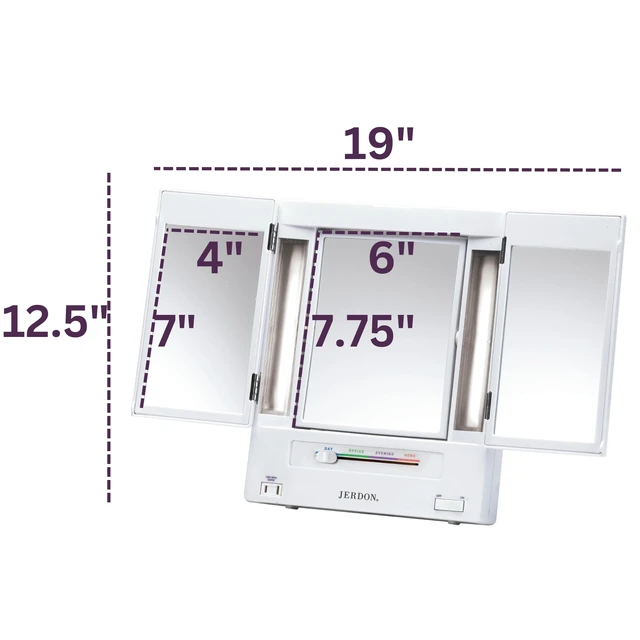 Alt view image 5 of 7 - Lighted Makeup Mirror with 5X Magnification - White - JGL9W | Tri-Fold Two-Sided Design, Multiple Light Settings