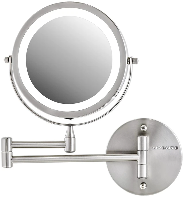 Main image of 7" Wall Mounted Lighted Makeup Mirror, Nickel Brushed MFW70BR1X7X | Cordless Double Sided 1X/7X Magnifying Mirror for Bathroom with LED Lights, 360° Rotation, Extendable Arm, Battery Operated