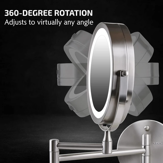 Alt view image 3 of 7 - 7" Wall Mounted Lighted Makeup Mirror, Nickel Brushed MFW70BR1X7X | Cordless Double Sided 1X/7X Magnifying Mirror for Bathroom with LED Lights, 360° Rotation, Extendable Arm, Battery Operated