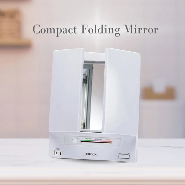 Alt view image 7 of 7 - Lighted Makeup Mirror with 5X Magnification - White - JGL9W | Tri-Fold Two-Sided Design, Multiple Light Settings