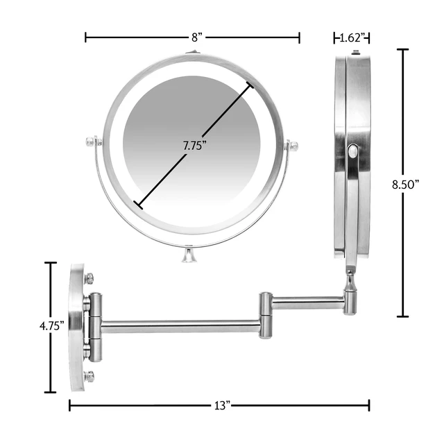 Alt view image 6 of 7 - 7" Wall Mounted Lighted Makeup Mirror, Nickel Brushed MFW70BR1X7X | Cordless Double Sided 1X/7X Magnifying Mirror for Bathroom with LED Lights, 360° Rotation, Extendable Arm, Battery Operated