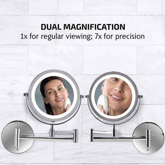 Alt view image 2 of 7 - 7" Wall Mounted Lighted Makeup Mirror, Nickel Brushed MFW70BR1X7X | Cordless Double Sided 1X/7X Magnifying Mirror for Bathroom with LED Lights, 360° Rotation, Extendable Arm, Battery Operated