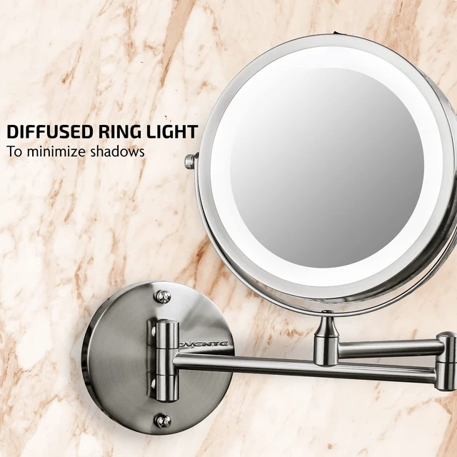 Alt view image 5 of 7 - 7" Wall Mounted Lighted Makeup Mirror, Nickel Brushed MFW70BR1X7X | Cordless Double Sided 1X/7X Magnifying Mirror for Bathroom with LED Lights, 360° Rotation, Extendable Arm, Battery Operated