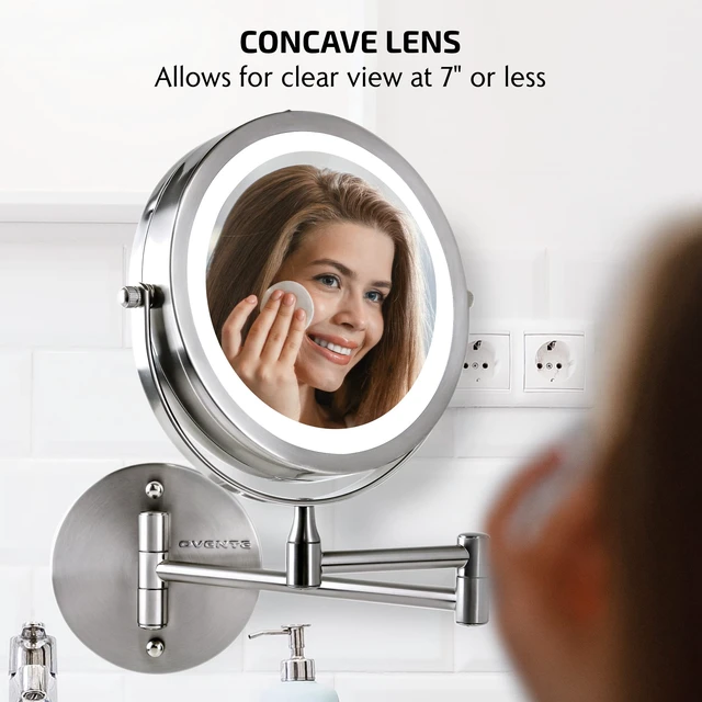 Alt view image 4 of 7 - 7" Wall Mounted Lighted Makeup Mirror, Nickel Brushed MFW70BR1X7X | Cordless Double Sided 1X/7X Magnifying Mirror for Bathroom with LED Lights, 360° Rotation, Extendable Arm, Battery Operated