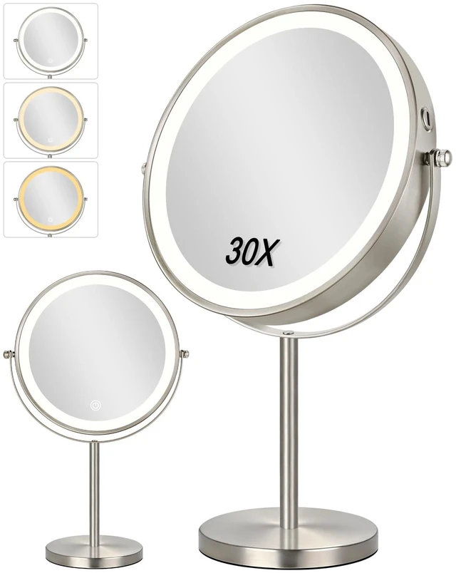 Main image of Lighted Makeup Mirror, 30X/1X Magnifying Mirror with Light Double Sided, Large Size 360°Rotation Makeup Mirror with Magnification, 3 Colors Brightness Adjustable Vanity Mirror, Nickel