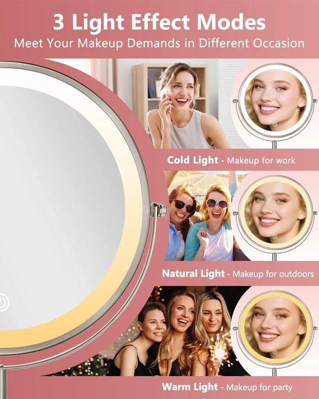 Alt view image 2 of 7 - Lighted Makeup Mirror, 30X/1X Magnifying Mirror with Light Double Sided, Large Size 360°Rotation Makeup Mirror with Magnification, 3 Colors Brightness Adjustable Vanity Mirror, Nickel