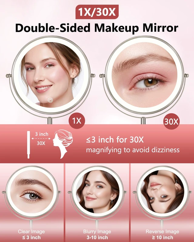Alt view image 4 of 7 - Lighted Makeup Mirror, 30X/1X Magnifying Mirror with Light Double Sided, Large Size 360°Rotation Makeup Mirror with Magnification, 3 Colors Brightness Adjustable Vanity Mirror, Nickel