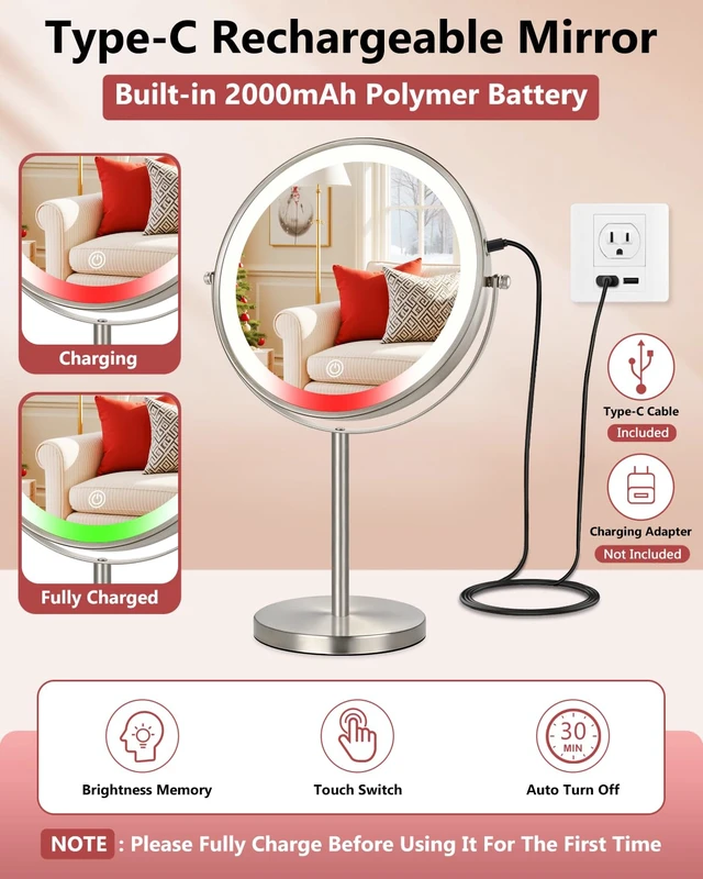 Alt view image 5 of 7 - Lighted Makeup Mirror, 30X/1X Magnifying Mirror with Light Double Sided, Large Size 360°Rotation Makeup Mirror with Magnification, 3 Colors Brightness Adjustable Vanity Mirror, Nickel