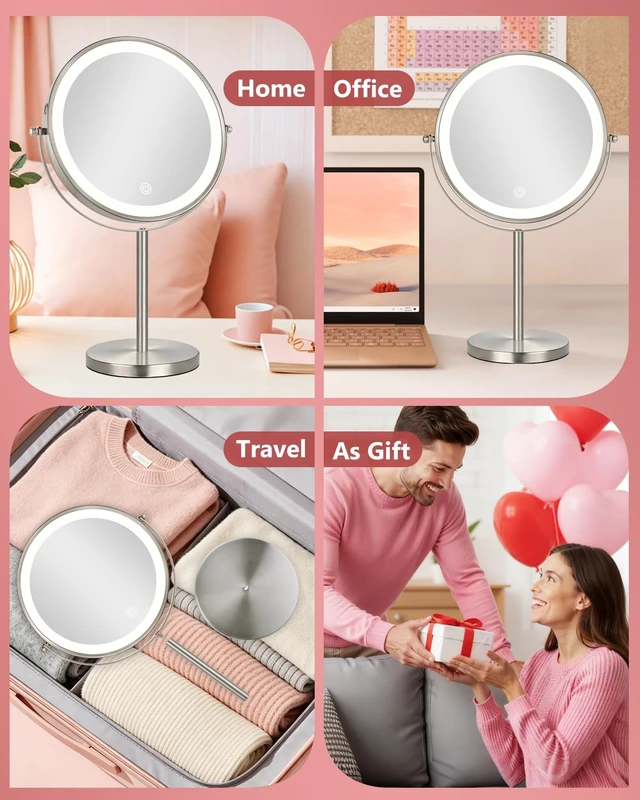 Alt view image 7 of 7 - Lighted Makeup Mirror, 30X/1X Magnifying Mirror with Light Double Sided, Large Size 360°Rotation Makeup Mirror with Magnification, 3 Colors Brightness Adjustable Vanity Mirror, Nickel