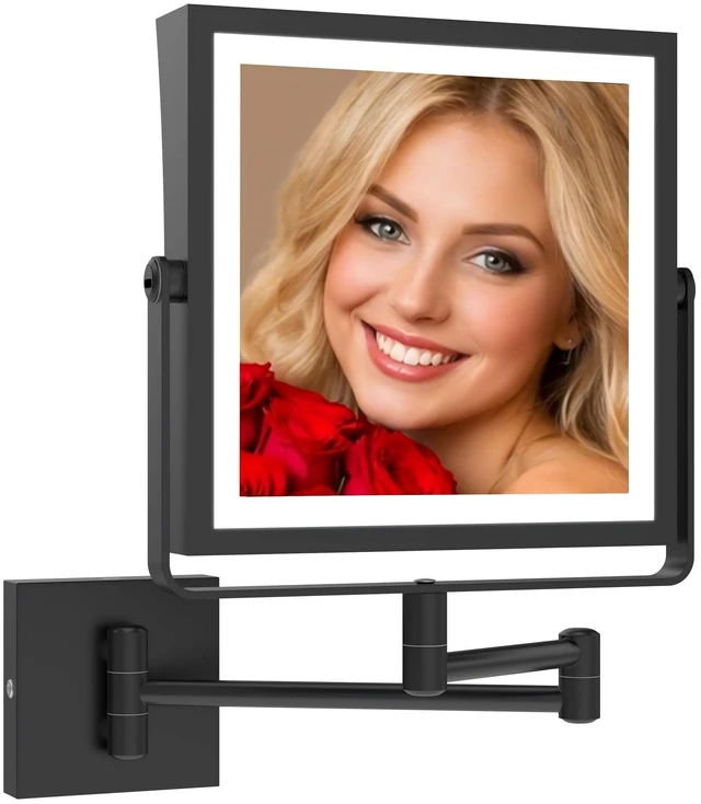 Main image of Wall Mounted Makeup Mirror with Lights 1X/10X Dual Sided Matte Black | 8",4000mAh Rechargeable,Magnification,3 Color,Touch Screen Dimmable,360° Rotation Extension Foldable Arm, Square, Women Gift