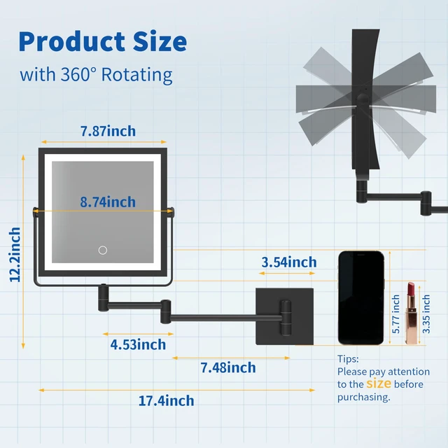 Alt view image 3 of 7 - Wall Mounted Makeup Mirror with Lights 1X/10X Dual Sided Matte Black | 8",4000mAh Rechargeable,Magnification,3 Color,Touch Screen Dimmable,360° Rotation Extension Foldable Arm, Square, Women Gift