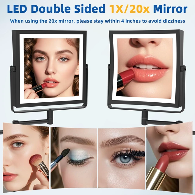 Alt view image 7 of 7 - Wall Mounted Makeup Mirror with Lights 1X/10X Dual Sided Matte Black | 8",4000mAh Rechargeable,Magnification,3 Color,Touch Screen Dimmable,360° Rotation Extension Foldable Arm, Square, Women Gift