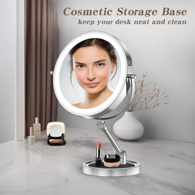 Alt view image 4 of 7 - Tabletop Makeup Mirror with Built-in Vanity Tray, 9" Rechargeable 4000mAh Lighted Vanity Mirror 1X/10X Magnification, Height-Adjustable Arm, 3 Color Dimmable (9Inch Chrome)