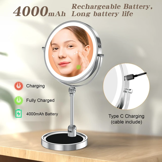 Alt view image 5 of 7 - Tabletop Makeup Mirror with Built-in Vanity Tray, 9" Rechargeable 4000mAh Lighted Vanity Mirror 1X/10X Magnification, Height-Adjustable Arm, 3 Color Dimmable (9Inch Chrome)