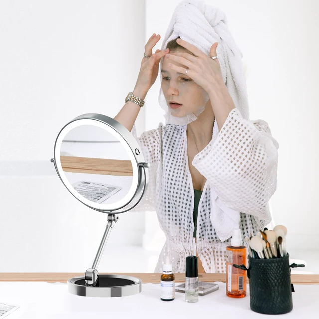 Alt view image 2 of 7 - Tabletop Makeup Mirror with Built-in Vanity Tray, 9" Rechargeable 4000mAh Lighted Vanity Mirror 1X/10X Magnification, Height-Adjustable Arm, 3 Color Dimmable (9Inch Chrome)